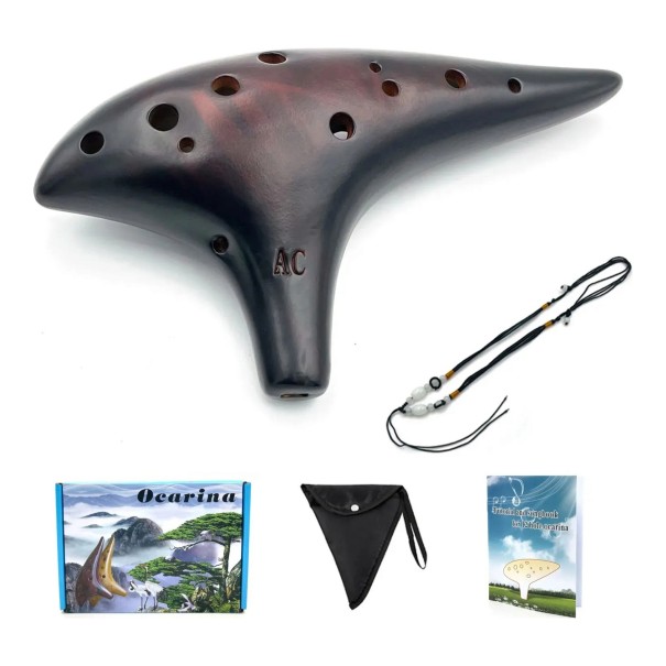 Ceramic Ocarina 12 Holes Tuning Alto C Length 19.5 cm With Neck Strap and Case Musical Instrument for Beginners brown