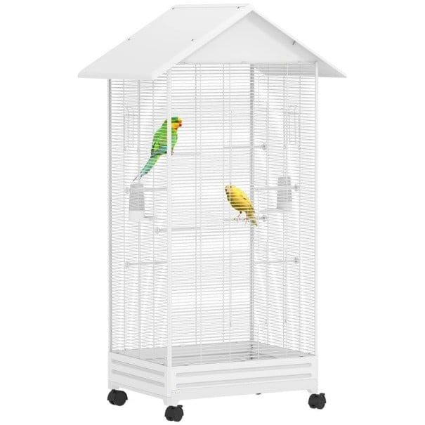 Cercel de păsări mare pe roți 79 x 65 x 155 cm din oțel cu 8 bârne și 2 hrănitoare distanța grilei 1,1 cm tavă retractabilă pentru creșterea alb