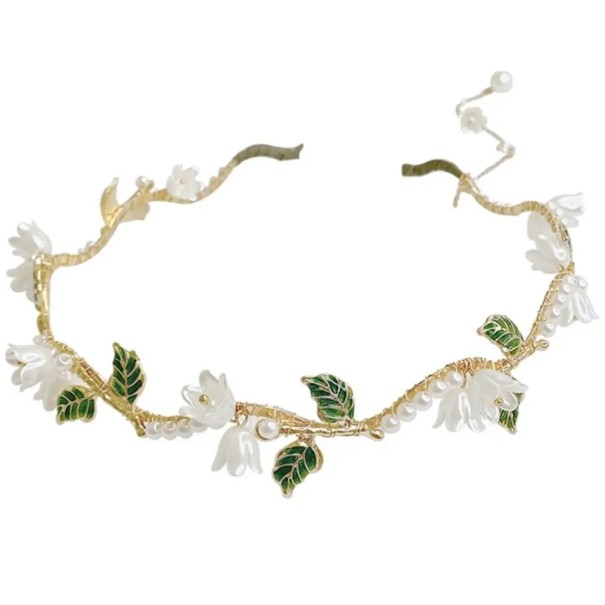 Cerchietto floreale perle 14 x 2 cm con foglie verdi Elegante accessorio per capelli da donna Cerchietto romantico per matrimoni e acconciature 1