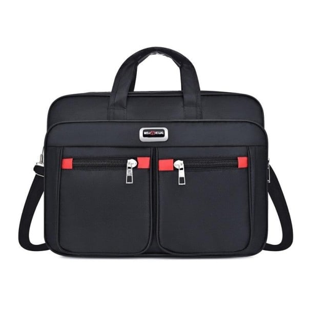 Černá brašna na notebook s uchy a ramenním popruhem Více oddílů na zip Dvě přední kapsy s červenými poutky Polyester 30 x 12 x 40 cm 2