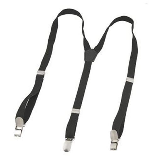 Černé elastické kšandy ke kalhotám ve tvaru Y Tři kovové klipy Posuvné přezky pro nastavení délky Úzké pásky Rozměr 98 x 1,6 cm 1