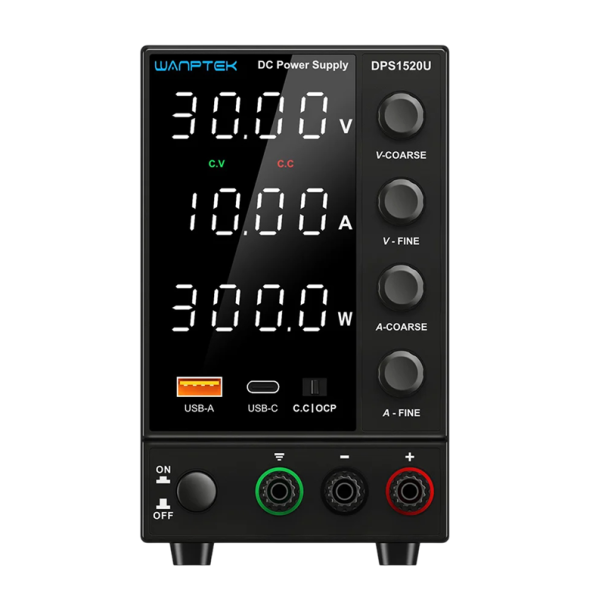 Černý napájecí zdroj 30V 10A 300W Laboratorní zdroj s LED displejem USB-C/USB-A Rychlonabíjení Regulace napětí Paměť M1 M2 M3 1