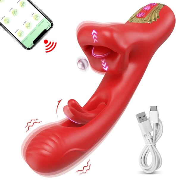 Červený multifunkční vibrátor s womanizérem, jazykem, sáním, klepáním a více než 10 vibračními módy 24 cm ovladatelný přes aplikaci v mobilu USB nabíjení diskrétní balení 1