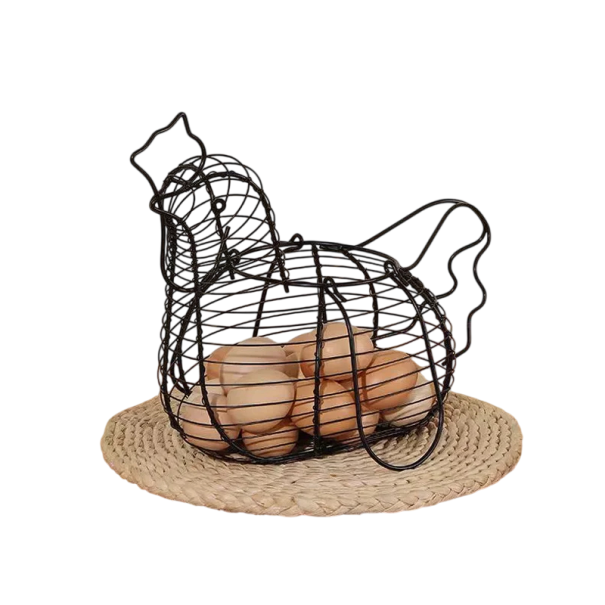 Cesta de almacenamiento de hierro en forma de gallina 36 × 24 cm cesta de metal para almacenar huevos y alimentos en la cocina negro