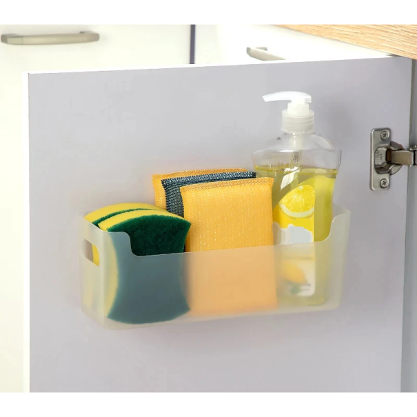 Cestino da parete 25,5 x 8,5 x 9,5 cm Organizzatore in plastica PP per porte di armadietti da cucina Supporto pratico per spugne e detergenti colore trasparente