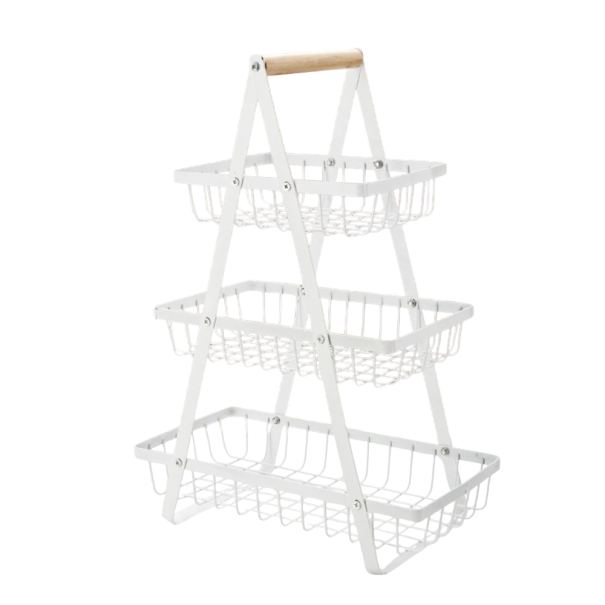 Cesto de armazenamento de três andares para alimentos 47 × 34 × 17,5 cm suporte para fruta e snacks com pega para uso na cozinha branco