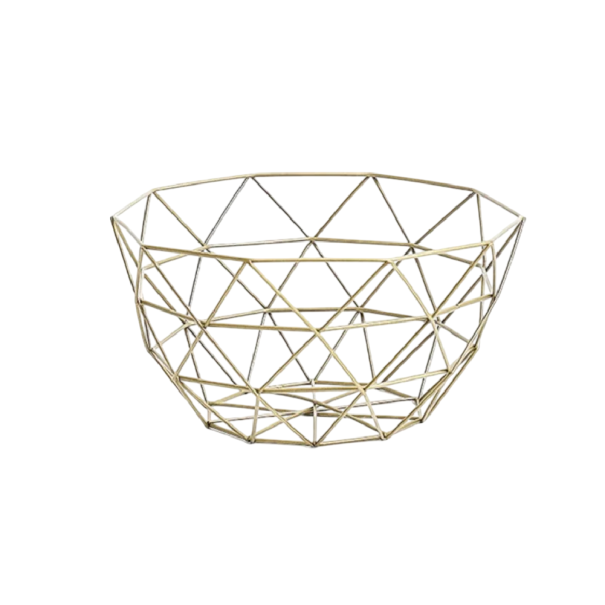 Cesto de metal para fruta e alimentos com formato poligonal 27 x 13 cm em arame dourado para a cozinha ou mesa 1