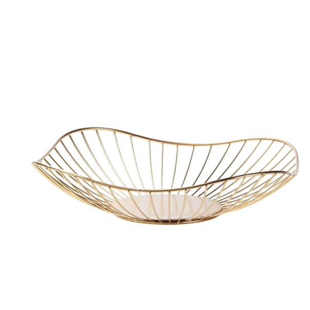 Cesto de metal para frutas e alimentos em forma ovalada ondulada 27 x 11 x 6 cm em acabamento de arame cor dourada para mesa na cozinha 1