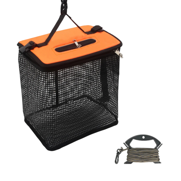 Cesto flutuante laranja para peixes capturados com corda de 5 m Vezírek dobrável 28,5 × 22 × 25 cm Rede resistente Transporte fácil Armazenamento seguro dos peixes 1