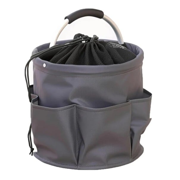Cesto para ferramentas com tampa de rede fechável e bolsos à volta volume 17 L diâmetro 28 cm e altura 28 cm dobrável com pega de metal cinzento