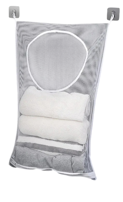 Cestoio a rete per biancheria sospeso 77 x 50 cm in poliestere bianco con apertura di 30 cm cestoio da parete per biancheria da bagno 1