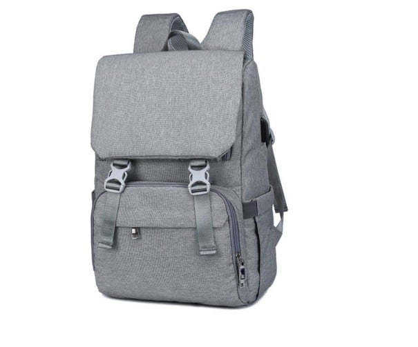 Cestovní batoh na kočárek i kufr Popruhy s karabinami USB port Kapsy na lahve a ubrousky Klopa s přezkami Nylon 26 x 19 x 40 cm šedá