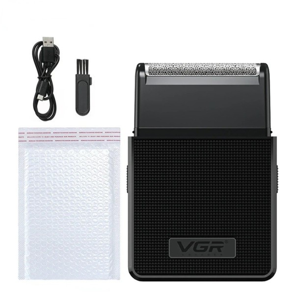 Cestovní holicí strojek pro muže VGR fóliový s výsuvným zastřihovačem kotlet břity z nerezové oceli USB typu C 25 x 15 x 10 cm na cesty černá