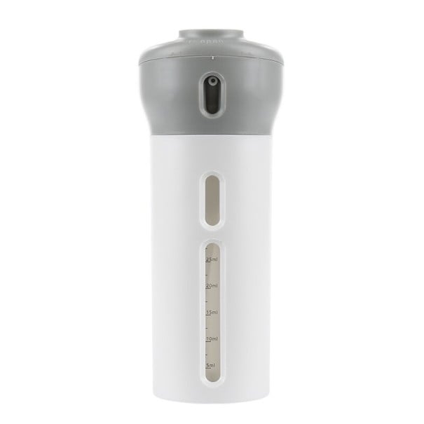Cestovní sada 4 lahviček v plastovém dávkovači na krémy a šampony Otočný uzávěr pro výběr náplně Objem 4x 40 ml Rozměry 16,8 x 6,7 x 6,7 cm šedá