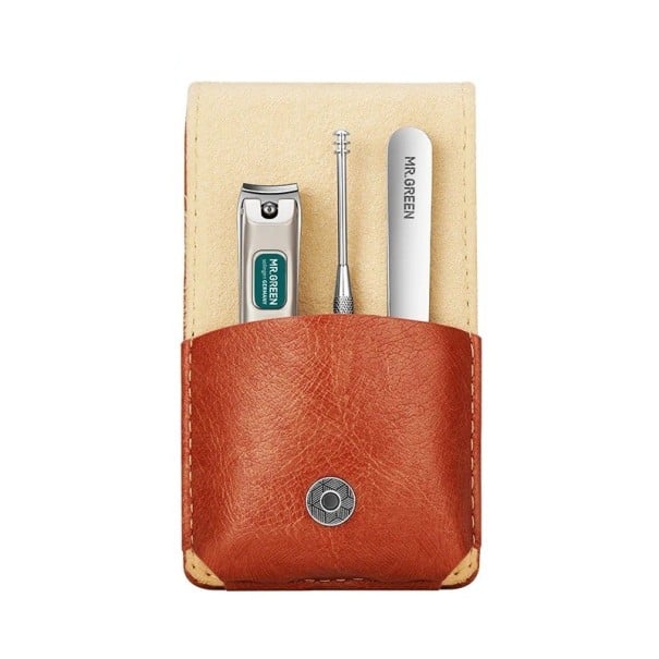Cestovní set na manikúru 3 díly v PU koženém pouzdře 10,7 x 6,2 cm chirurgická ocel hnědý s kleštičkami a pilníkem na nehty do kabelky 1