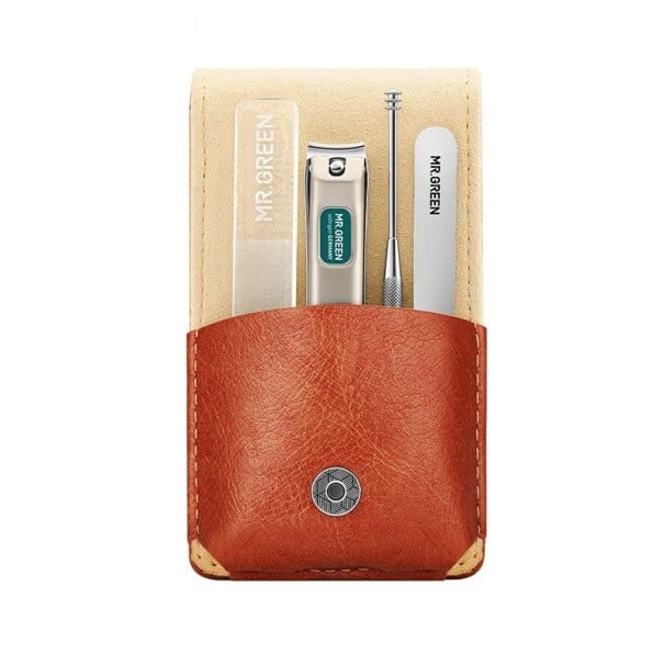 Cestovní set na manikúru 4 díly v PU koženém pouzdře 10,7 x 6,2 cm chirurgická ocel hnědý s kleštičkami a pilníky na nehty do kabelky 1