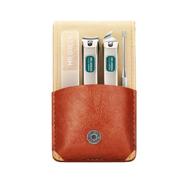 Cestovní set na manikúru 4 díly v PU koženém pouzdře 10,7 x 6,2 cm chirurgická ocel hnědý s pilníkem a dvojími kleštičkami na nehty 1