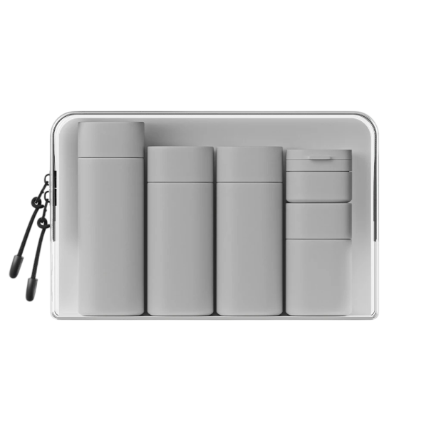 Cestovní set plastových lahviček různý objem 100 ml 80 ml 50 ml 15 ml plast transparentní pouzdro organizace tekutin na cesty šedá