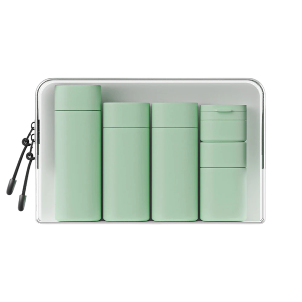 Cestovní set plastových lahviček různý objem 100 ml 80 ml 50 ml 15 ml plast transparentní pouzdro organizace tekutin na cesty zelená