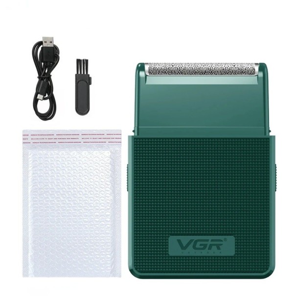 Cestovný holiaci strojček pre mužov VGR fóliový s výsuvným zastrihávačom kotliet britmi z nerezovej ocele USB typu C 25 x 15 x 10 cm na cesty zelená