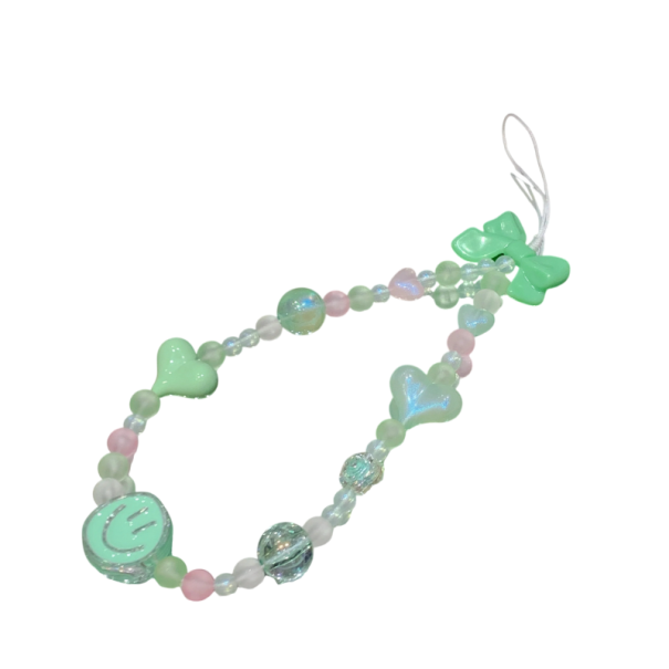 Chaine de perles pour téléphone avec perles en verre Pendentif décoratif pour mobile avec cœur, nœud, fleur et papillon Corde anti-perte vert