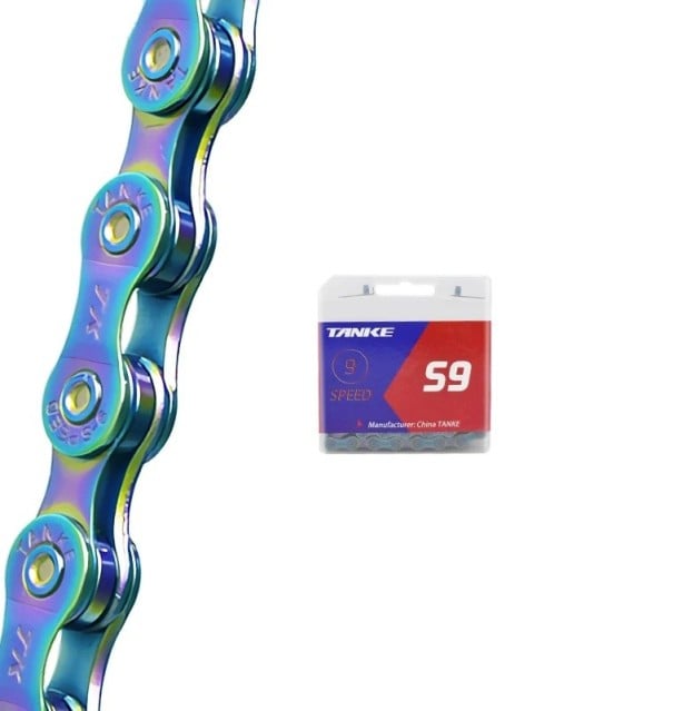 Chaîne de vélo 9 vitesses TANKE S9-Y 1/2" x 11/128" 116 maillons argentée avec attache rapide VTT route multicolore