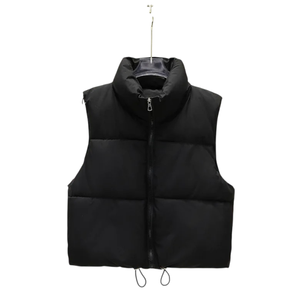 Chaleco acolchado para mujer con cremallera y cuello alto de poliéster sin mangas con ajuste en la parte inferior para uso diario negro S