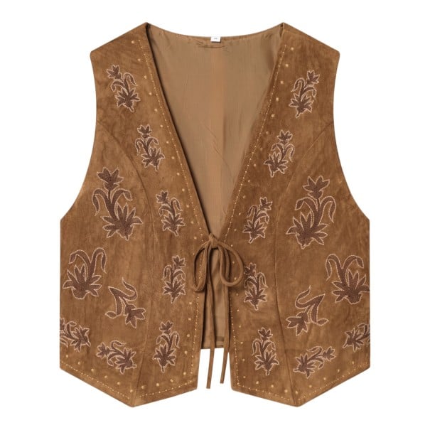 Chaleco de ante para mujer con patrón vegetal bordado y costuras decorativas en los bordes con atado de cordón y escote en V profundo marrón S