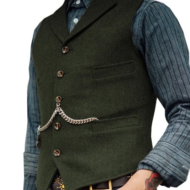 Chaleco de hombre formal con bolsillos, cadena y cuello de botones de poliéster sin mangas para estilo formal y ocasiones especiales verde militar XXL