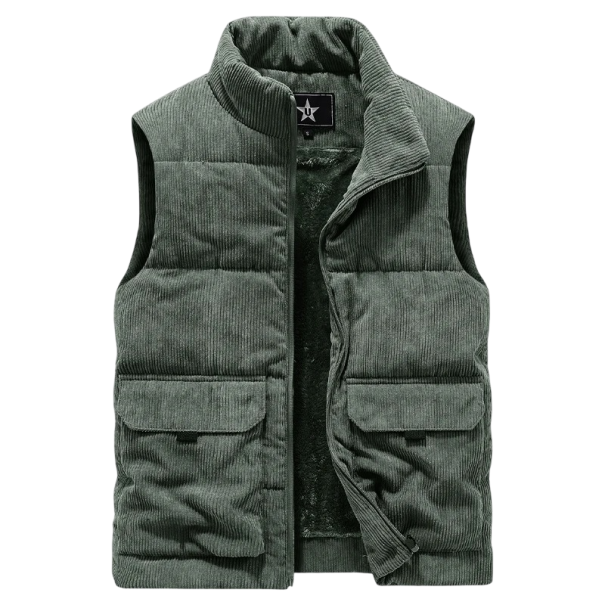 Chaleco de invierno para hombre con cuello de cremallera, forro interior de piel sintética y bolsillos, algodón poliéster para uso diario en clima frío verde militar L