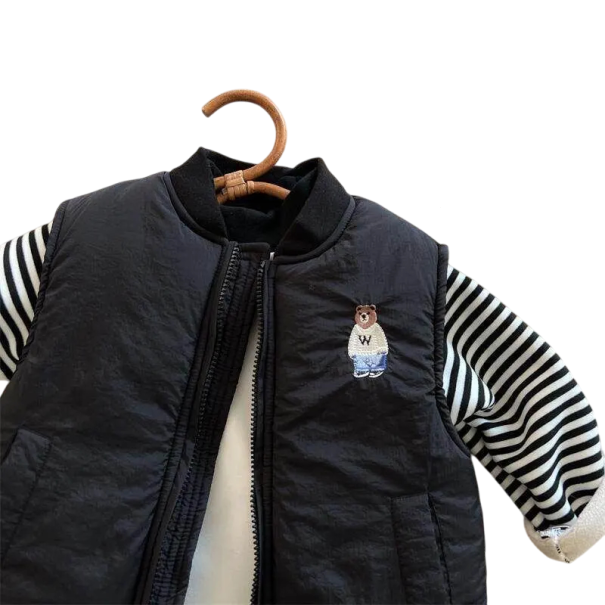 Chaleco de invierno para niños con cuello de béisbol Chaqueta de algodón sin mangas para niños y niñas Con bolsillos y cremallera Osito bordado en el pecho Poliéster negro 10