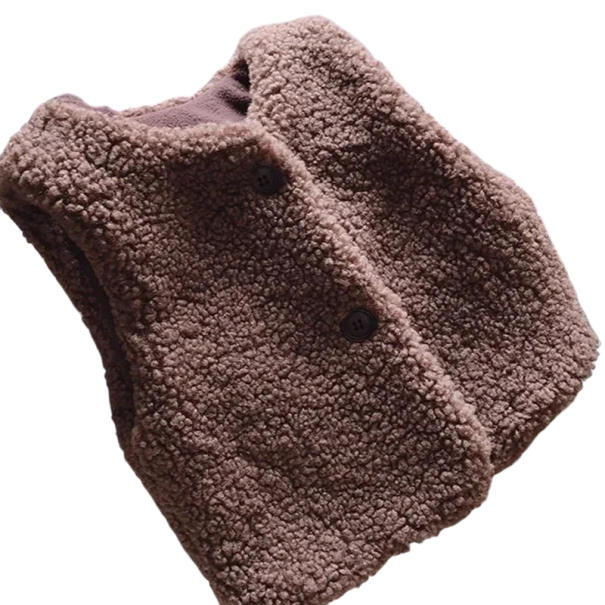 Chaleco de invierno para niños de lana de cordero con escote en V Chaleco de felpa de un solo color con botones Abrigo cálido de otoño para niños y niñas Diseño de terciopelo marrón 3