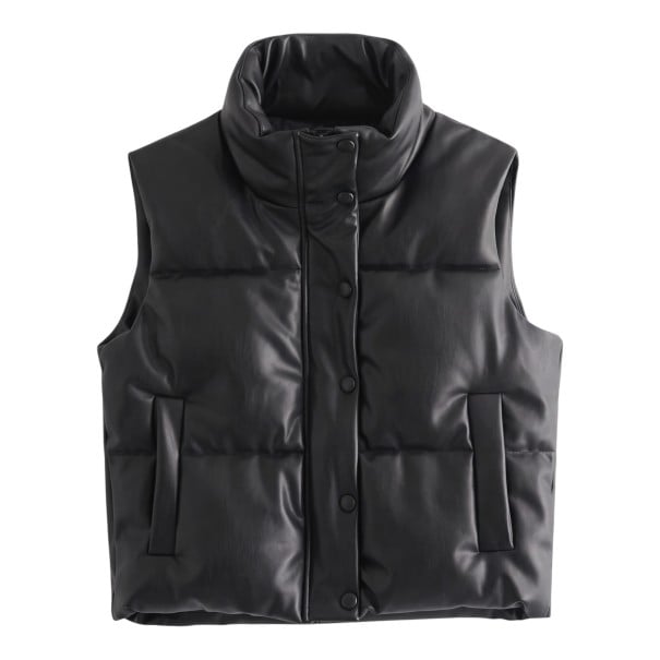 Chaleco de mujer con alto cuello y cierre de botones a lo largo con bolsillos verticales a los lados y acolchado horizontal negro XS