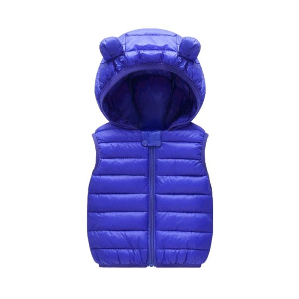 Chaleco de plumas para niños con capucha y orejitas Chaleco de algodón cálido de invierno con cremallera Ropa exterior de un solo color para niños y niñas Estilo de otoño e invierno azul 6-9 meses