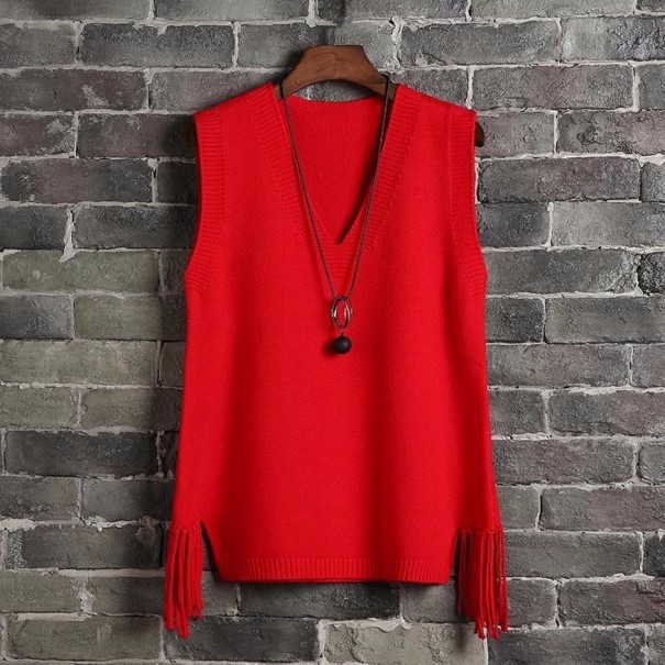 Chaleco de punto de mujer con flecos rojo