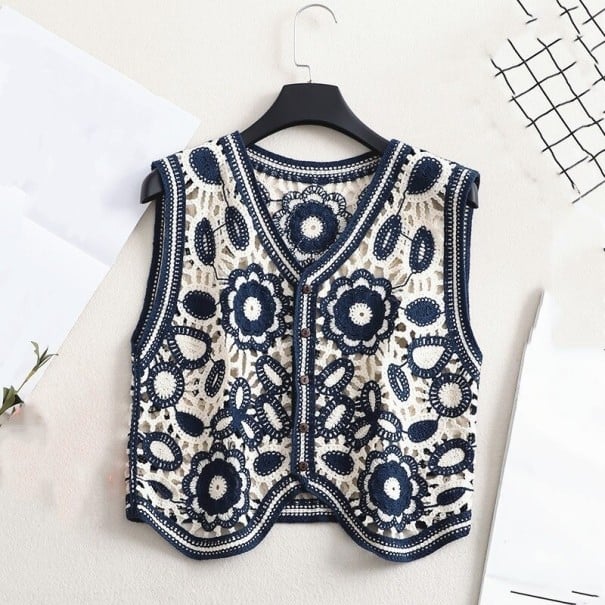 Chaleco de punto sin mangas para mujer Patrón floral calado Escote en V Cierre de botones Dobladillo ondulado Algodón y acrílico azul oscuro