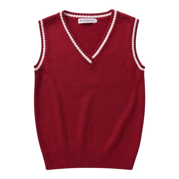 Chaleco de suéter de punto con escote en V y franjas decorativas en los bordes del escote y las sisas con una amplia banda de canalé rojo L