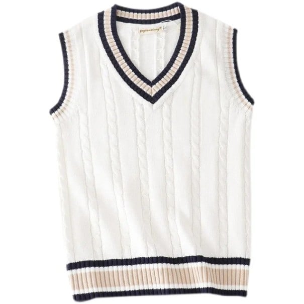 Chaleco de suéter para hombre sin mangas con escote en V Ribetes de colores a rayas Chaleco de punto elegante Poliéster y Algodón Varias blanco XXS