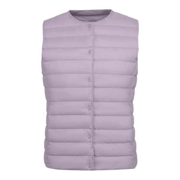 Chaleco ligero de plumas para mujer de otoño con cierre de presión a lo largo de toda la longitud con acolchado horizontal y escote redondo sin cuello morado XL