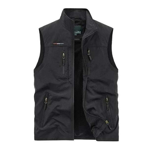 Chaleco para hombre con bolsillos con cremallera y cierre de cremallera de poliéster para senderismo, trabajo al aire libre negro XS