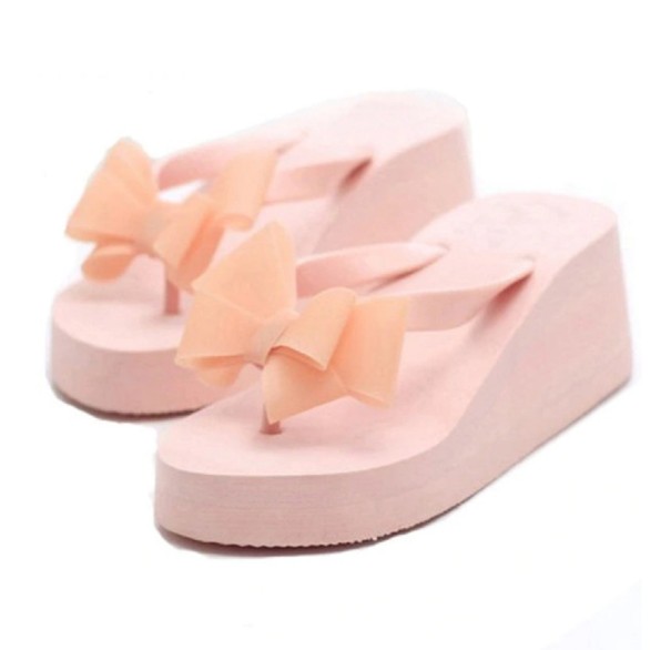 Chanclas de plataforma alta para mujer con lazo rosa claro 39