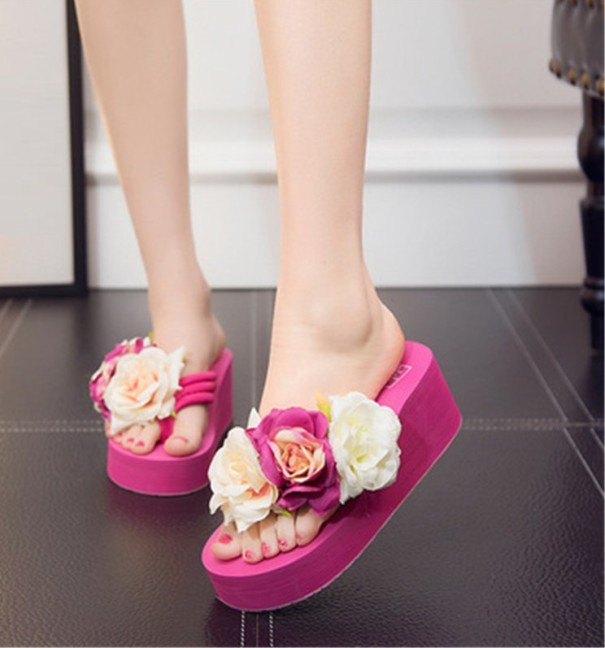 Chanclas de plataforma para mujer con flores rosa oscuro 37