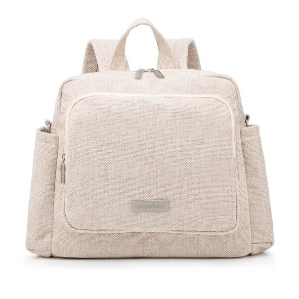 Changing Backpack 34 x 32 x 12 cm Coarsely Woven Changing Bag for Mums Travel Backpack Made of Fabric Waterproof Multi-Purpose Bag cream