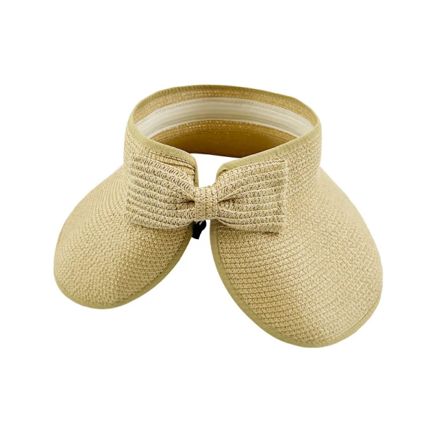 Chapeau de paille d'été pliable pour femmes 54–58 cm Bord large avec nœud Protection UV Chapeau de plage Sans partie supérieure Printemps Été Adulte kaki