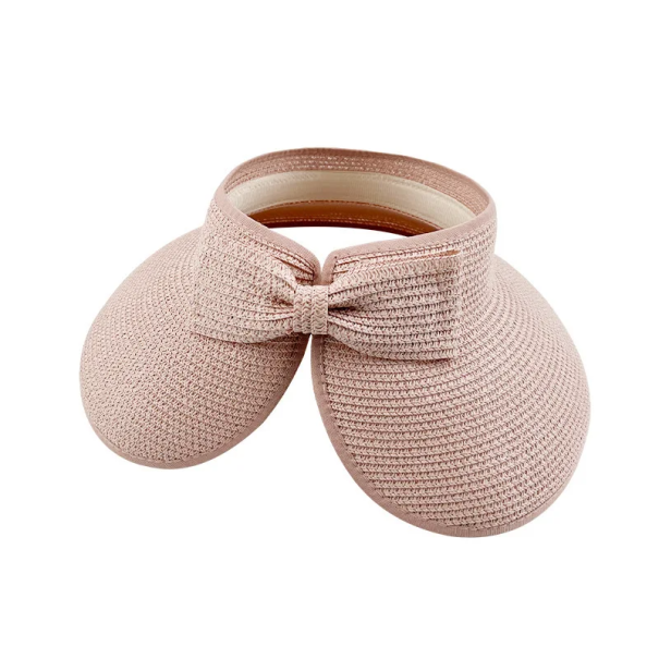 Chapeau de paille d'été pliable pour femmes 54–58 cm Bord large avec nœud Protection UV Chapeau de plage Sans partie supérieure Printemps Été Adulte rose clair