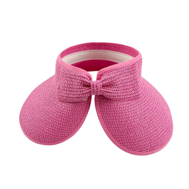 Chapeau de paille d'été pliable pour femmes 54–58 cm Bord large avec nœud Protection UV Chapeau de plage Sans partie supérieure Printemps Été Adulte rose-rouge