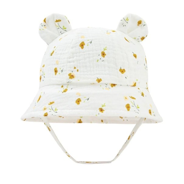 Chapéu de algodão para bebé com orelhas amarelas e flores, com atilho Circunferência da cabeça 35–39 cm Visor 27 cm Profundidade 11 cm Chapéu 3–12 1