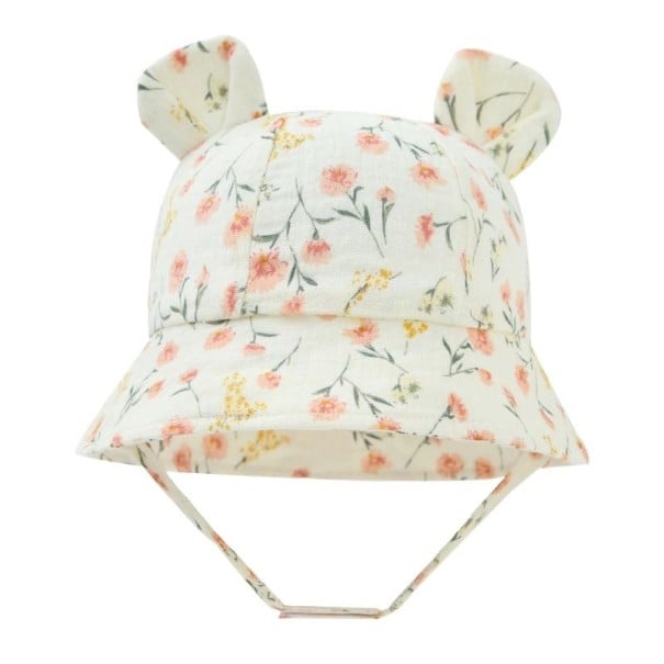 Chapéu de algodão para bebé com orelhas em creme com flores pastel e atilho Circunferência da cabeça 35–39 cm Visor 27 cm Profundidade 11 cm 3–12 1