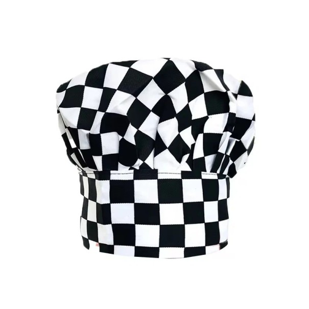Chapéu de Chefe 22 cm padrão xadrez preto e branco algodão poliéster corte baixo cobertura de cabeça de trabalho 1