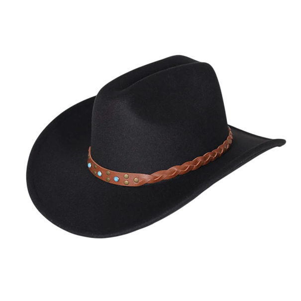 Chapéu de cowboy preto com aba larga 57-59 cm Chapéu de estilo western com faixa decorativa castanha Acessório elegante para homens e mulheres 1